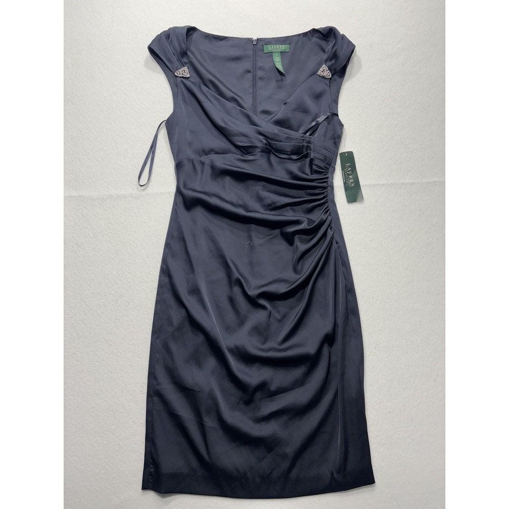 Lauren Ralph Lauren Evening Dress Womens 8 Blue Ruched Satin Sheath Knee Length